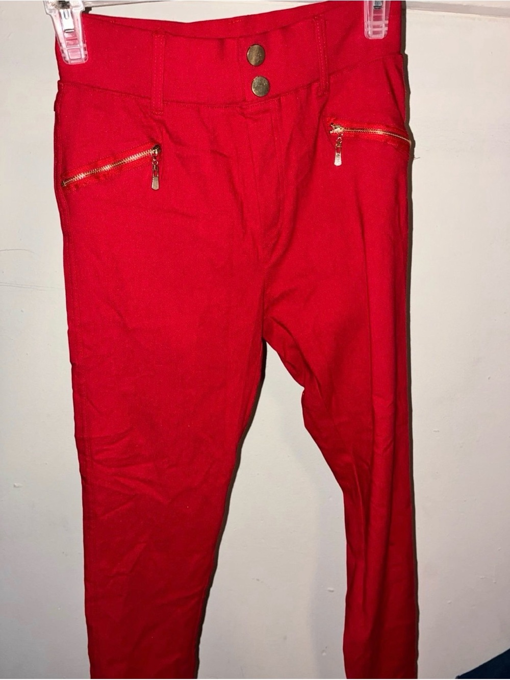 High-Rise Red Skinny Pants with Gold Zip Details